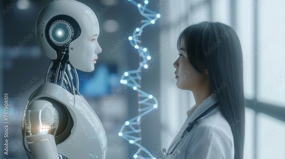 Aufkleber a doctor and a medical assistant robot analyze dna results in a modern virtual interface, demonstrat