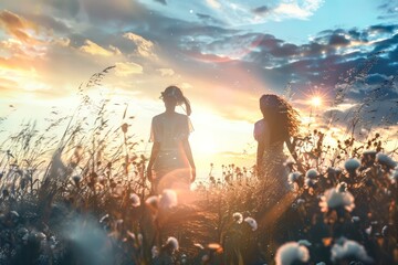 Warm sunlight bathes two women as they enjoy a tranquil walk through a field of tall grass and flowers at dusk