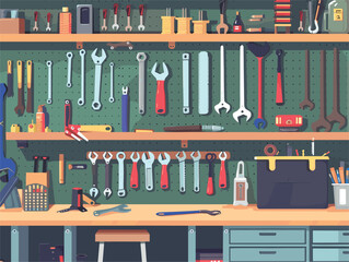 Various hand tools such as cutting tools and metalworking tools are neatly organized on shelves in a garage, along with wood stain and office supplies