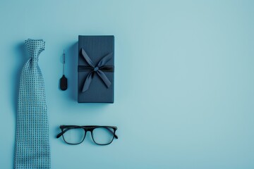 A nice gift box with a necktie and glasses on pastel blue background. Flat lay, top view. Copy space on the bottom.