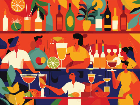 Vibrant painting of a lively community gathered at a bar, with reds and oranges splashed across the textile depicting an artistic world of people