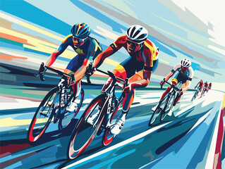 A group of riders are cycling on the road wearing bicycle jerseys and helmets, with their bikes equipped with wheels, frames, and tires