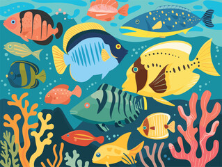 Fototapeta na wymiar A group of colorful vertebrate fish with azure fins are gracefully swimming in the aqua marine ocean near coral reefs, creating a beautiful underwater art display