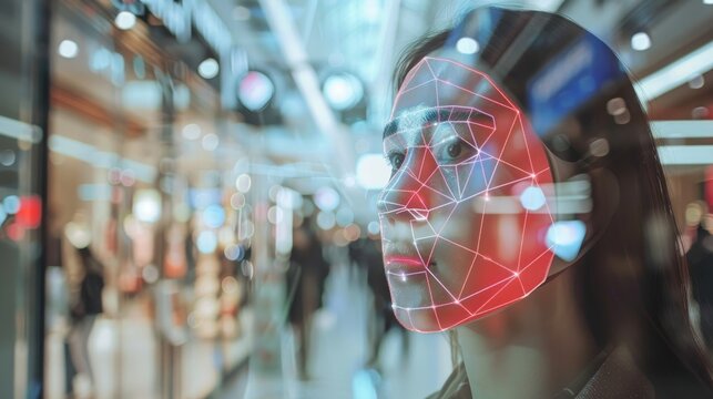 An intelligent digital signage concept, augmented reality marketing, and a face recognition feature. Interactive digital advertising in a retail shopping mall using artificial intelligence.