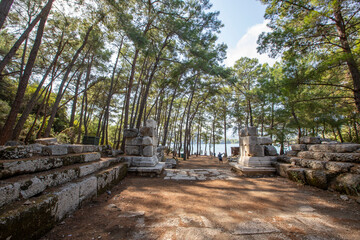 Phaselis Ancient City in Kemer of Antalya. Glorious beaches, calm sea, fab snorkelling and all set within ancient ruins that set the imagination. The charming historical place a the tranquil beach.
