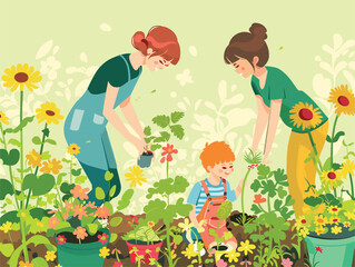 Fototapeta premium A group of people are joyfully planting colorful flowers in a garden, surrounded by green grass and nature. Their happy gestures create an artistic scene of organic beauty