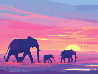 Fototapeta na wymiar A group of elephants meandering through the grassy plain under the colorful sky of a sunset, showcasing the beauty of nature in their ecoregion