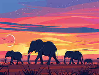 A herd of elephants gracefully grazing in a natural landscape at dusk, under the colorful clouds of the sunset sky in their ecoregion habitat
