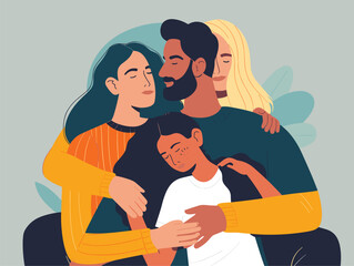 Obraz premium a group of people are hugging each other on a couch . High quality