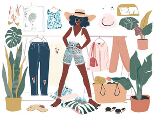 A woman is admiring the array of clothes and plants in her closet. Among the items are a stylish sun hat, fashionable designs, and artistic patterns