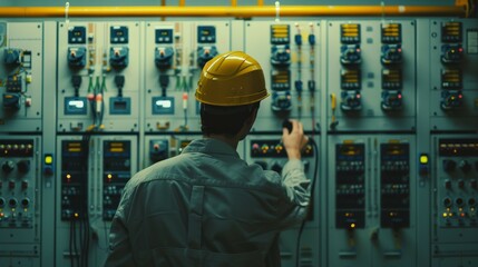 A technician in a control room focused on adjusting switches and monitoring equipment in an industrial setting.