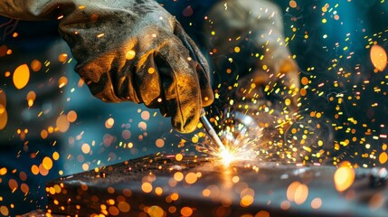 Close-up of hands welding metal with bright sparks flying in a dark industrial manufacturing workshop.