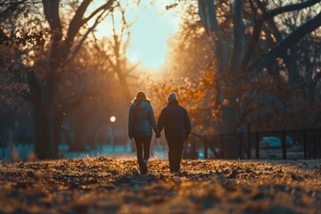 An evocative image of a couple's silhouette walking hand in hand through a park, bathed in the warm glow of the setting sun