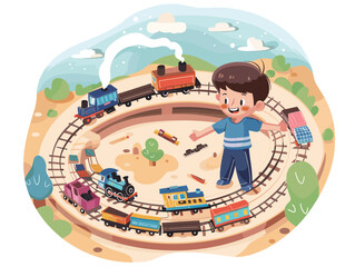A child is happily playing with a toy train set in a circle, having fun in their leisure time. The colorful train set is like a piece of art and a fashion accessory for the child