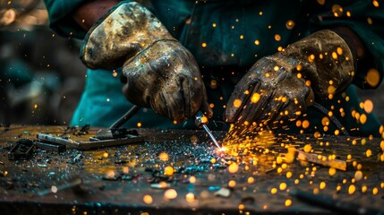 Industrial worker in protective gear welds metal components with intense sparks in a manufacturing workshop.