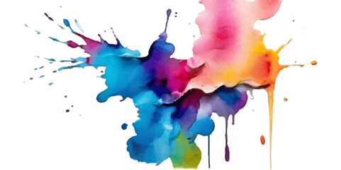 Bright colorful watercolor splash splatter stain brush strokes on white background. Modern vibrant aquarelle spot. Rainbow trendy isolated design on white. Element. Vector watercolor illustration.	