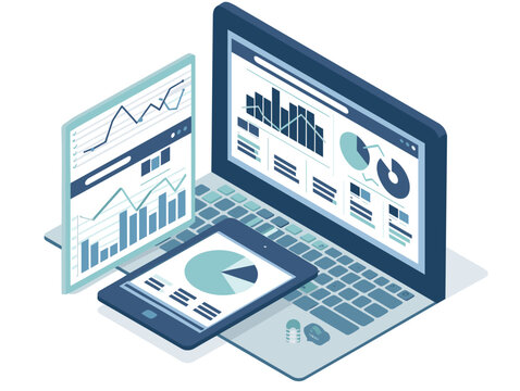 An isometric illustration featuring an input device laptop, output device tablet, and handheld device phone with rectangular shapes. Portable electronic game and office equipment are also depicted