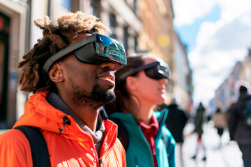 Young african american man with afro dreadlocks wearing virtual reality glasses in the city