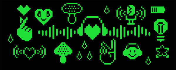 Acid rave style design elements icon set. Music lover illustration.