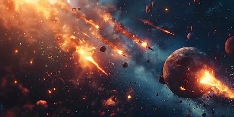Cosmic Carnage: Rockets Clash for Dominance in the Universe. Concept Sci-fi, Space Battles, Intergalactic Warfare, Rocket Ships, Epic Confrontations