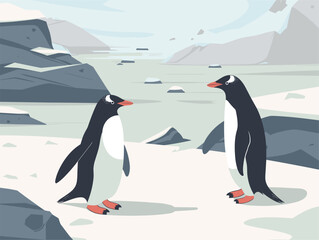 Two Adlie penguins are standing together in the snow, their wings tucked by their sides. These flightless birds have distinctive black heads and beaks