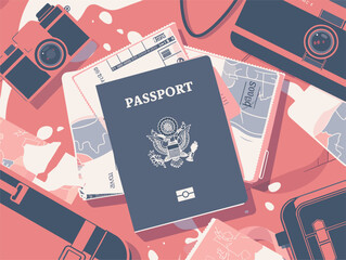 A red passport surrounded by cameras, travel items, and gadgets. The pattern of electric blue and carmine creates a stylish fashion accessory with a brand font