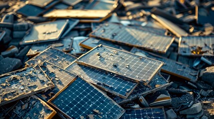The environmental concept pile of solar cell panels at junkyard  - obrazy, fototapety, plakaty