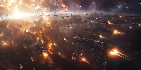 Futuristic space battle for resources in distant galaxy protecting solar system. Concept Sci-Fi, Interstellar Conflict, Space Battles, Resource Management, Galactic Colonization