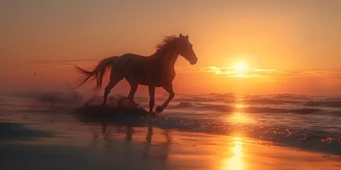 Foto op Plexiglas horse on the beach, Black horse running in the paddock in the sunset. © Sohail
