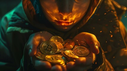 
teenager admiring a handful of bitcoins in his hands