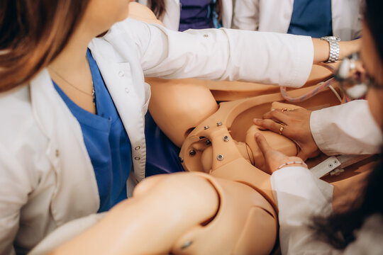Training model for students studying medicine. Simulation of birth. Newborn in vagina.