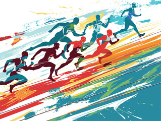 A group of people are running on a colorful track, resembling a vibrant painting with electric blue hues. The wind waves the patterned surface as they enjoy leisure and recreation