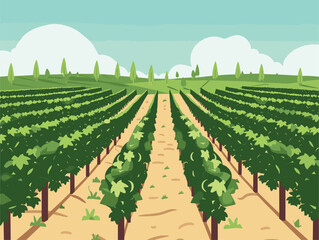 A cartoon illustration of a rural vineyard with rows of trees, a dirt road, and a clear blue sky. The natural landscape in the morning light, showcasing agriculture in a peaceful rural area