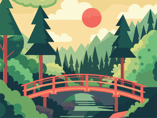 A bridge spanning a river in an Ecoregion forest, surrounded by trees, mountains, and a picturesque landscape. The scene resembles a painting with a vivid red color palette