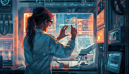 A digital illustration of a female scientist conducting experiments in a futuristic laboratory surr Generative AI - obrazy, fototapety, plakaty