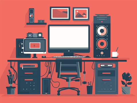 An illustration of a computer desk made of wood with a computer, speakers, printer, and chair. The room also features an orange video game console and various electronic devices