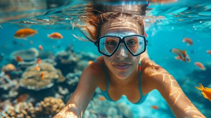 Underwater portrait of young woman snorkeling in coral reef