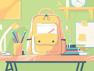 An orange backpack rests on the wooden desk in the room, creating a vibrant contrast. The illustration gives a pop of color to the otherwise plain furniture