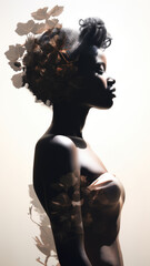 Black Young Woman, flowers in head, concept of mental health, double exposure