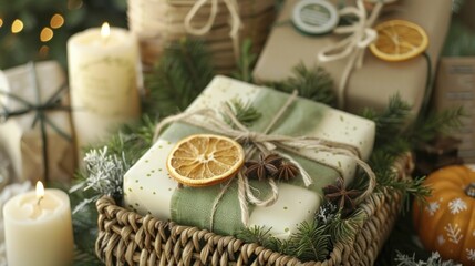 Fototapeta na wymiar Create stress-relief gift baskets with seasonal crafts and evergreen wellness products for DIY holiday joy.