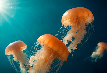 Group of Jellyfish Swimming in the Ocean their translucent bodies glowing under the sunlight.