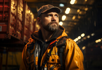 Fototapeta na wymiar Portrait of man in yellow jacket and cap in the warehouse
