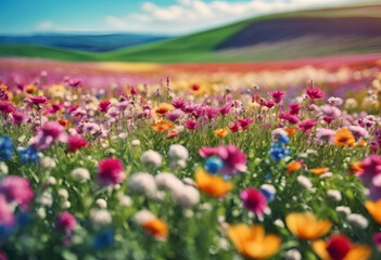 a field of bright colourful wildflowers on a bright sunny summer day 