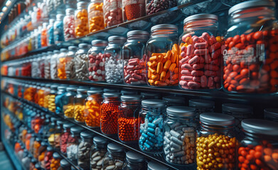 Fototapeta na wymiar Colorful jars of pills in pharmacy
