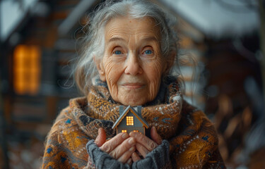 Elderly woman holds small wooden house in her hands.