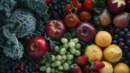 Naklejka na ściany i meble Guide on nutritious eating presents varied fruits, veggies, melding timeless and seasonal elements.