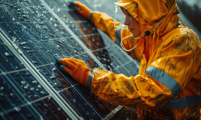 Woman worker in raincoat gloves and hard hat installing solar panels on roof on rainy day.