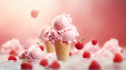 Pink color raspberry ice cream with berries ingredients food background