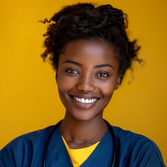 Portrait of a smiling young african nurse looking at camera against a yellow background