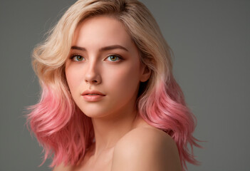 Fototapeta premium A woman with blonde hair and pink hair stands in a bright room. She is looking directly at the camera, showcasing her colorful hairstyle.